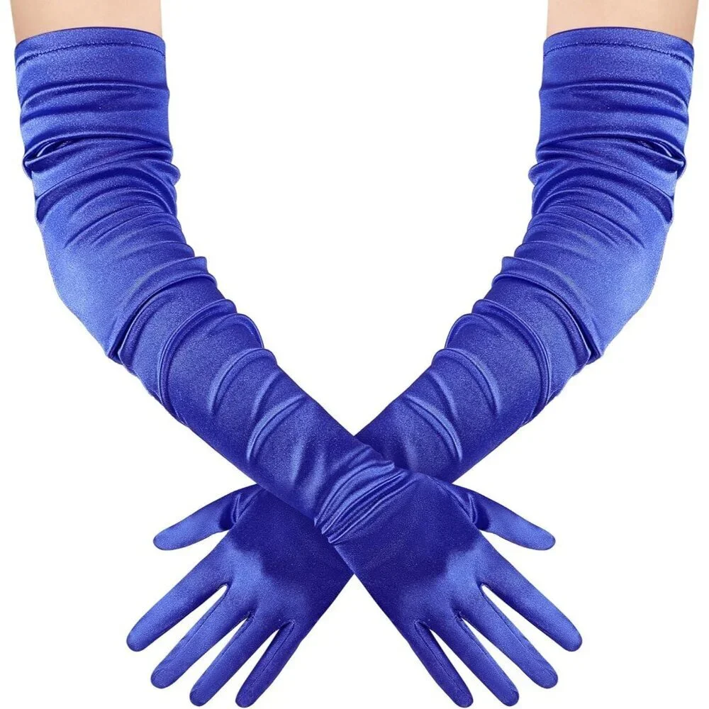 Women's Long Satin Gloves Dark Blue Stretchy Upper Arm Length Costume Design